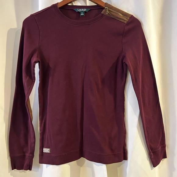Lauren Ralph Lauren T-Shirt Womens M Medium Burgundy Red Elbow Patches Logo‎ - Picture 1 of 6
